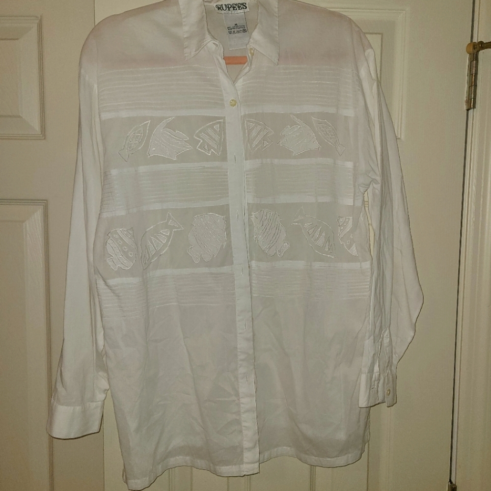 Vintage Sheer Rupees Shirt Fish Embroidered  Size Medium